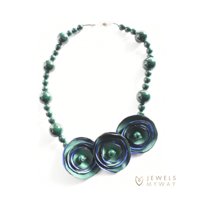 Necklace with satin flowers in blue and green.png